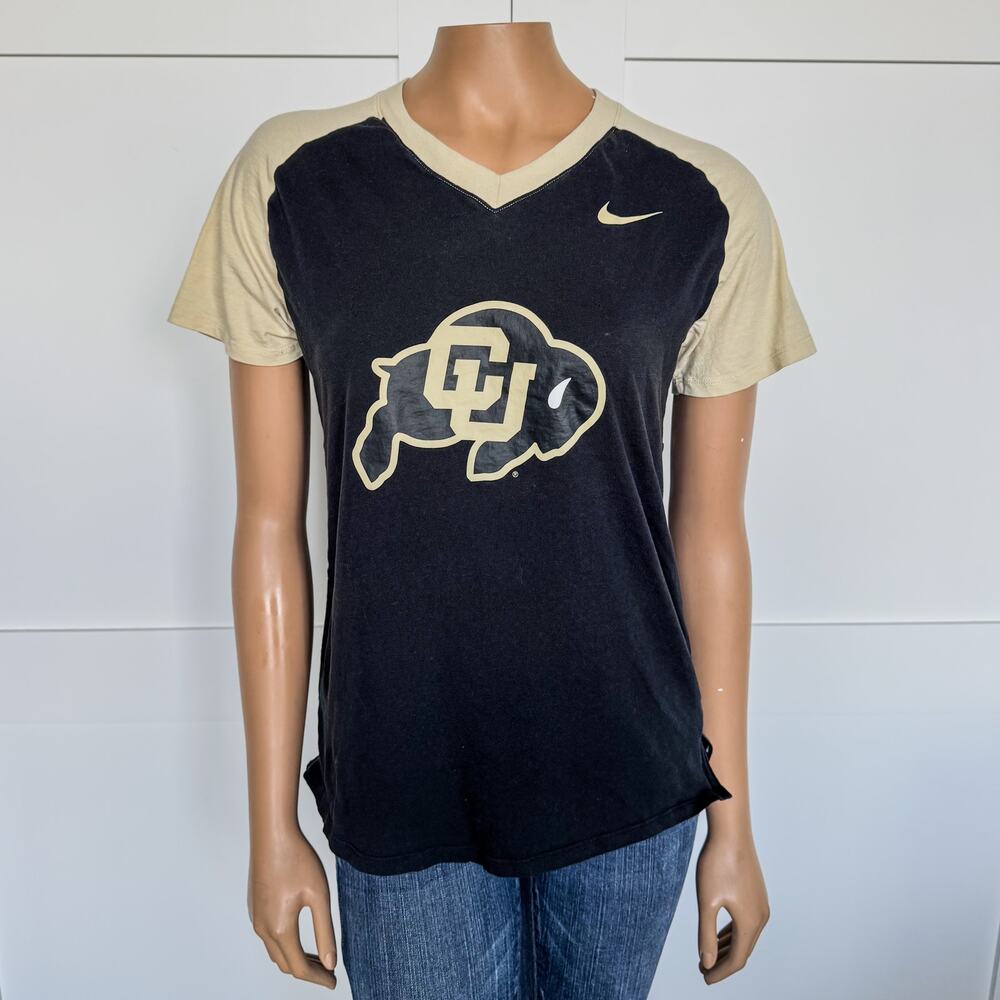 Nike CU Women's Colorado Buffaloes Fan V-Neck Tan/Black Short Sleeve Top-Small